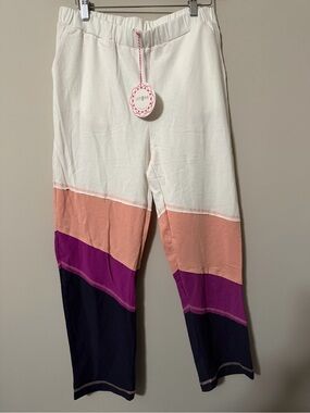 Umgee Color Block 100% Cotton Pants White Peach Purple Size Medium NWT